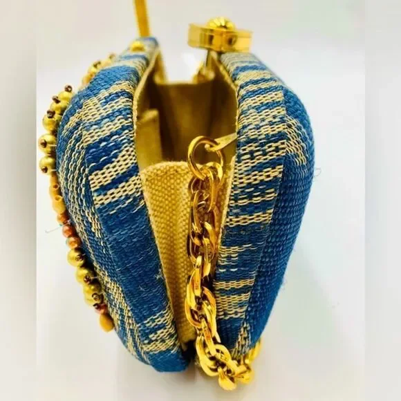 Auth Rafe Minaudière Beaded Boho Canvas Box Clutch Gold-Tone Chainlink Strap - Picture 15 of 15